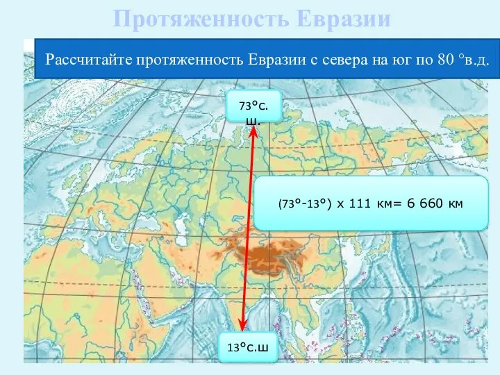 Рассчитайте протяженность Евразии с севера на юг по 80 °в.д.