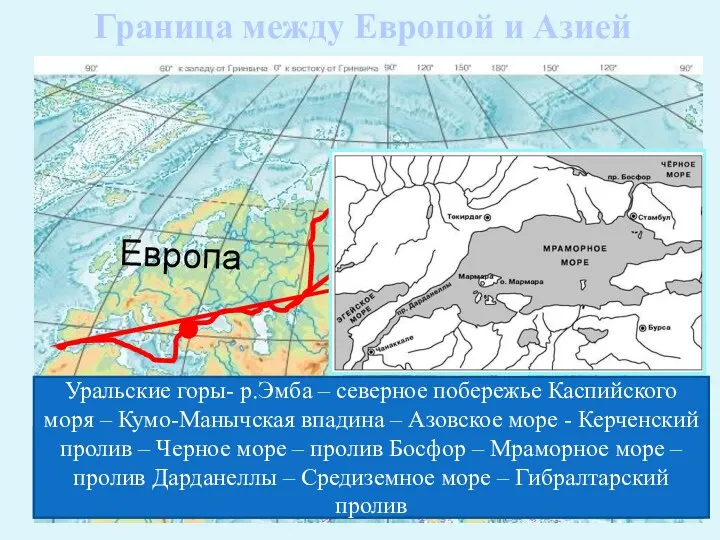 Граница между Европой и Азией Европа Азия Назовите географические объекты