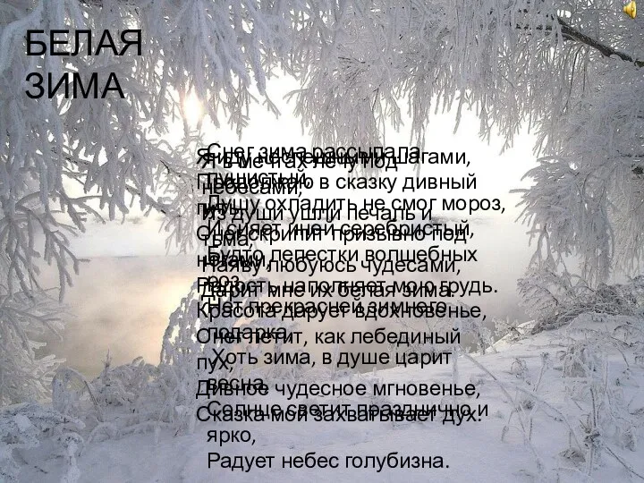 Снег зима рассыпала пушистый, Душу охладить не смог мороз, И