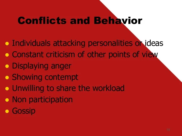 Conflicts and Behavior Individuals attacking personalities or ideas Constant criticism