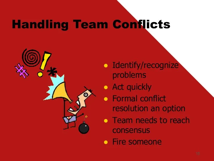 Handling Team Conflicts Identify/recognize problems Act quickly Formal conflict resolution