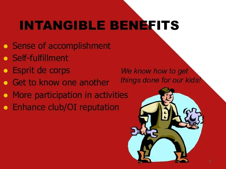 INTANGIBLE BENEFITS Sense of accomplishment Self-fulfillment Esprit de corps Get