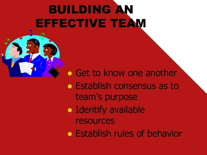 BUILDING AN EFFECTIVE TEAM Get to know one another Establish