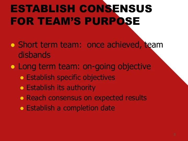 ESTABLISH CONSENSUS FOR TEAM’S PURPOSE Short term team: once achieved,