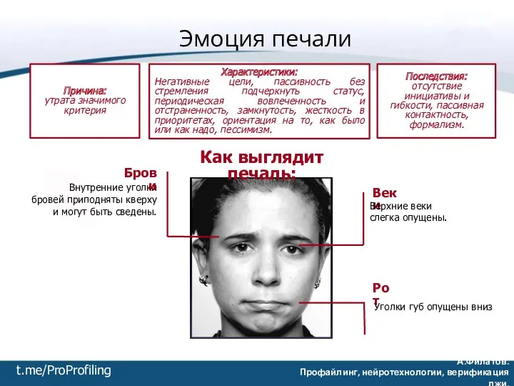 Эмоция печали Причина: утрата значимого критерия Последствия: отсутствие инициативы и