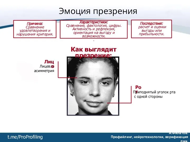 Эмоция презрения Причина: Сравнение удовлетворения и нарушения критерия. Последствия: расчет