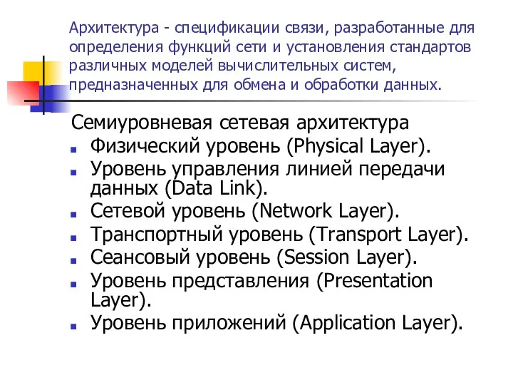 Архитектура - спецификации связи, разработанные для определения функций сети и