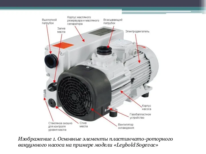 Изображение 1. Основные элементы пластинчато-роторного вакуумного насоса на примере модели «Leybold Sogevac»