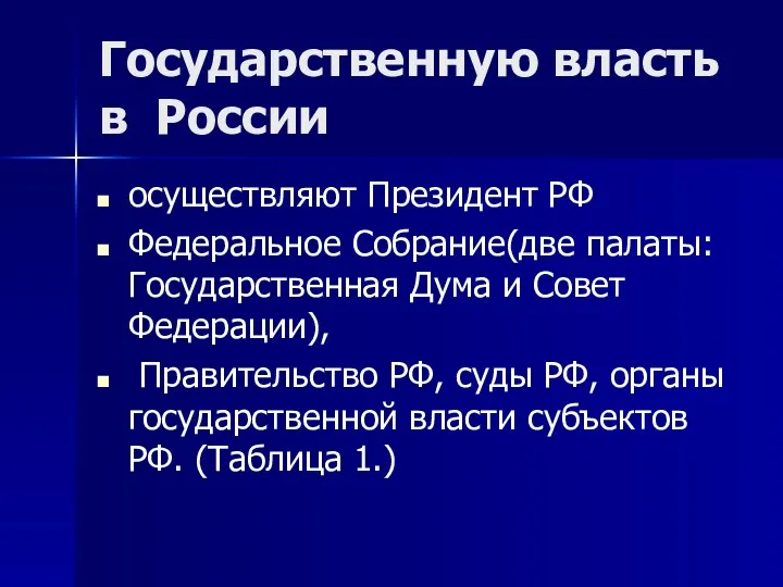 Государственную власть в России осуществляют Президент РФ Федеральное Собрание(две палаты: