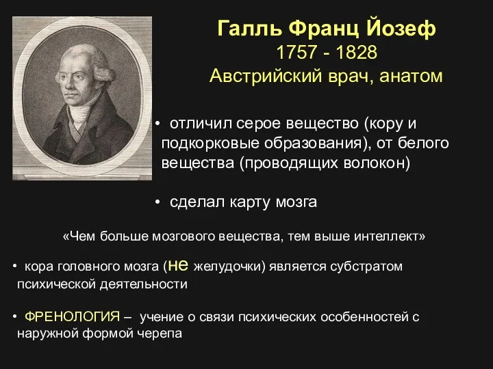 Галль Франц Йозеф 1757 - 1828 Австрийский врач, анатом отличил