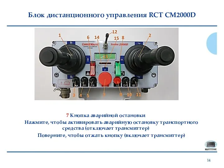 Блок дистанционного управления RCT CM2000D 7 Кнопка аварийной остановки Нажмите, чтобы активировать аварийную