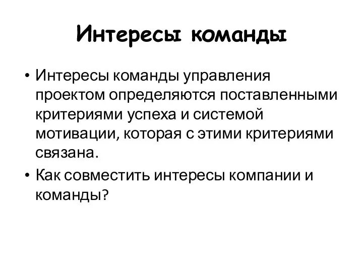 Интересы команды Интересы команды управления проектом определяются поставленными критериями успеха и системой мотивации,