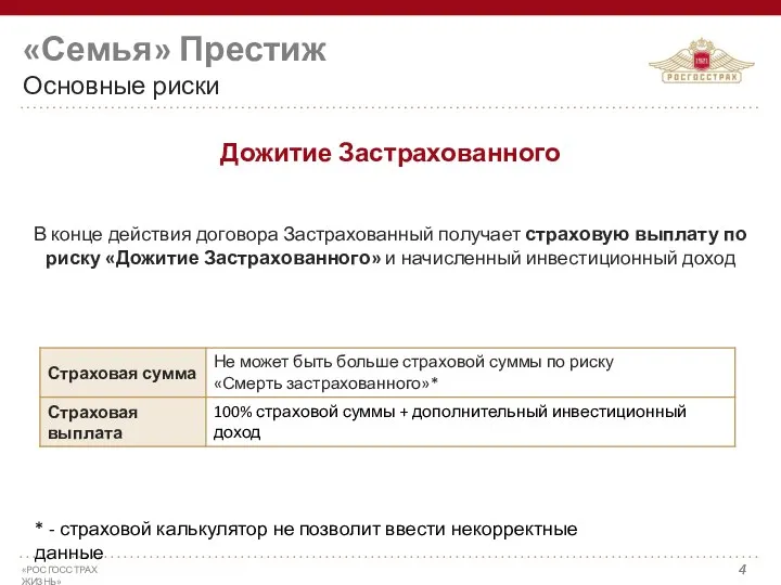 «Семья» Престиж Основные риски В конце действия договора Застрахованный получает страховую выплату по