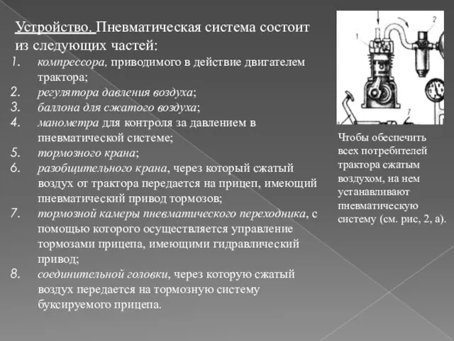 Устройство. Пневматическая система состоит из следующих частей: компрессора, приводимого в