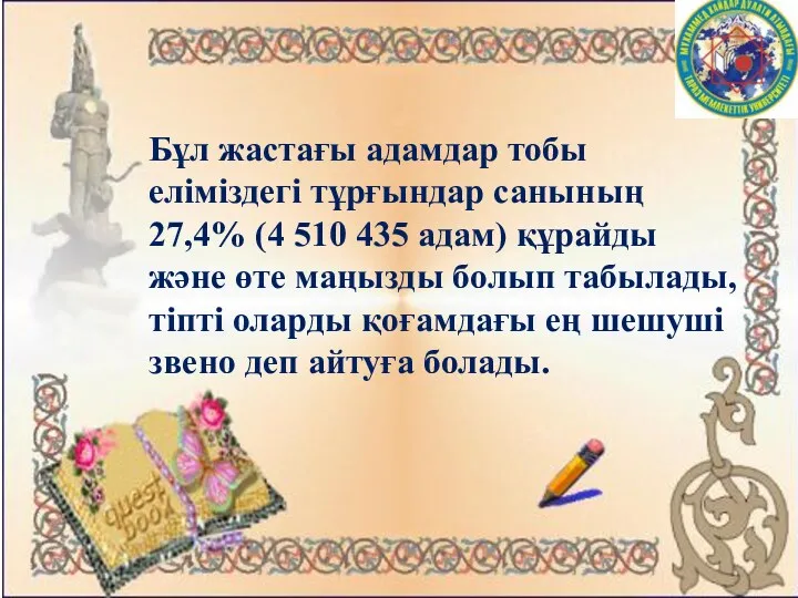 Бұл жастағы адамдар тобы еліміздегі тұрғындар санының 27,4% (4 510