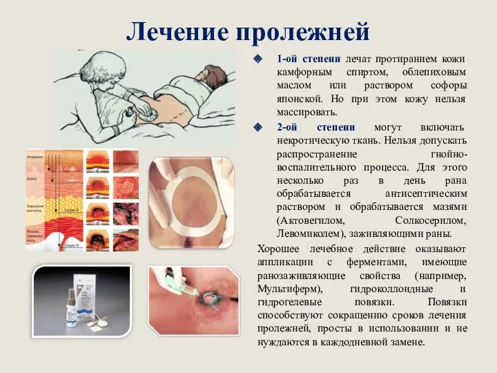 Лечение пролежней 1-ой степени лечат протиранием кожи камфорным спиртом, облепиховым