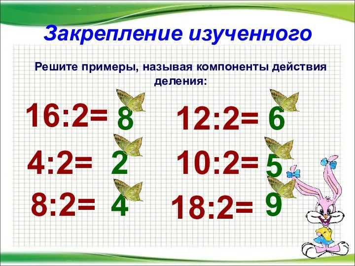 Закрепление изученного Решите примеры, называя компоненты действия деления: 16:2= 4:2=