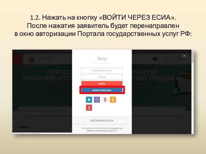 1.2. Нажать на кнопку «ВОЙТИ ЧЕРЕЗ ЕСИА». После нажатия заявитель