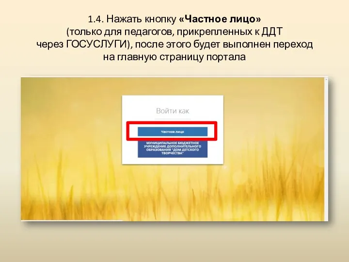 1.4. Нажать кнопку «Частное лицо» (только для педагогов, прикрепленных к