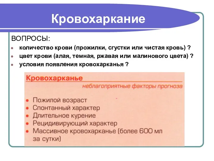 Кровохаркание ВОПРОСЫ: количество крови (прожилки, сгустки или чистая кровь) ?