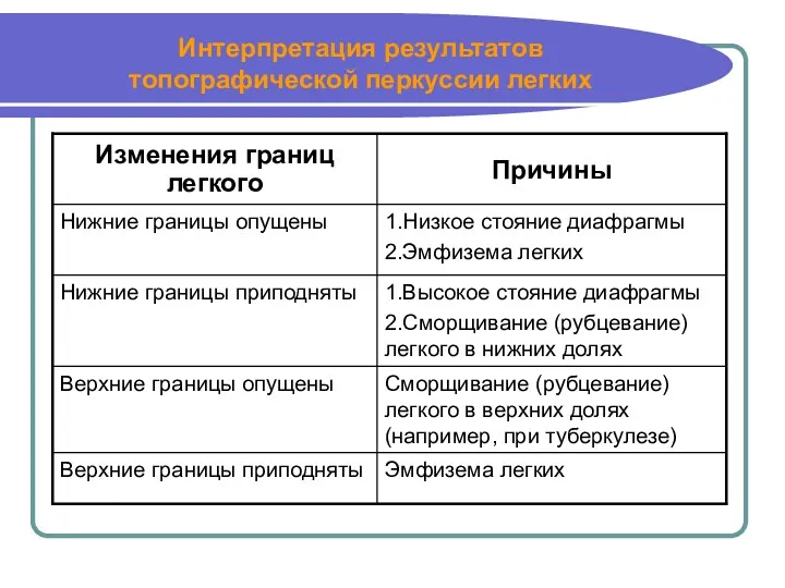 Интерпретация результатов топографической перкуссии легких