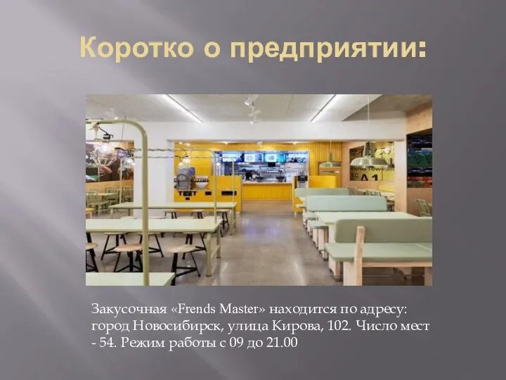 Коротко о предприятии: Закусочная «Frends Master» находится по адресу: город Новосибирск, улица Кирова,