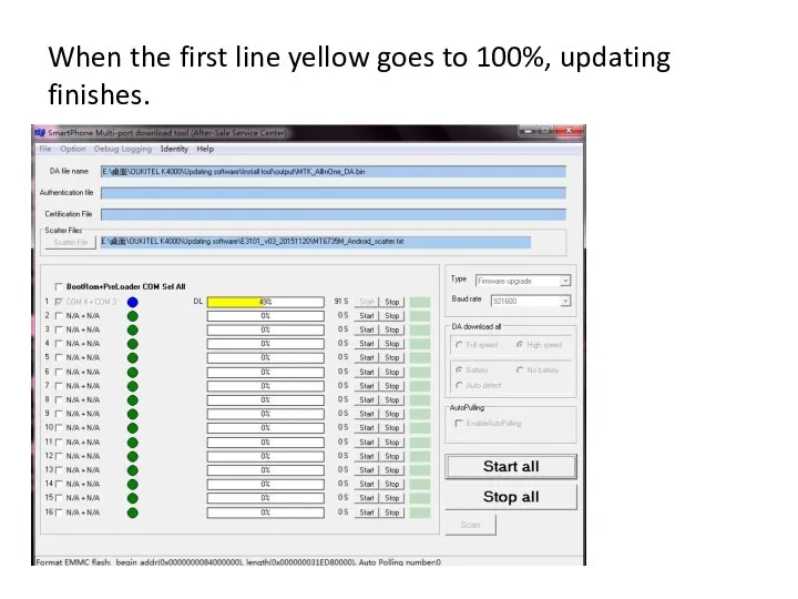 When the first line yellow goes to 100%, updating finishes.