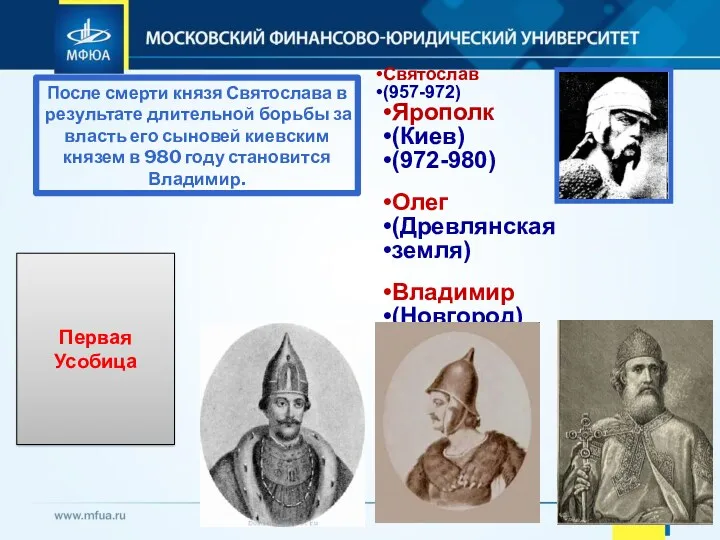 Святослав (957-972) Ярополк (Киев) (972-980) Олег (Древлянская земля) Владимир (Новгород)