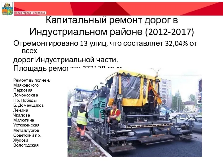 Капитальный ремонт дорог в Индустриальном районе (2012-2017) Отремонтировано 13 улиц,
