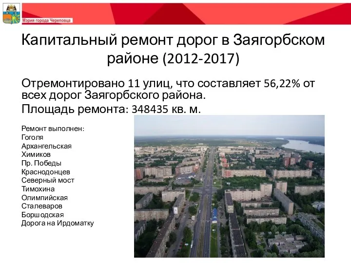 Капитальный ремонт дорог в Заягорбском районе (2012-2017) Отремонтировано 11 улиц,