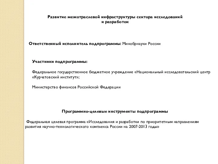 Развитие межотраслевой инфраструктуры сектора исследований и разработок Ответственный исполнитель подпрограммы: