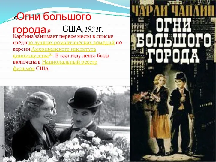 «Огни большого города» США,1931г. Картина занимает первое место в списке среди 10 лучших