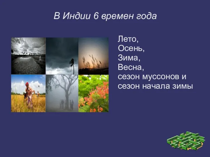 В Индии 6 времен года Лето, Осень, Зима, Весна, сезон муссонов и сезон начала зимы