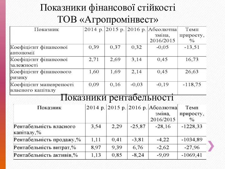 Показники фінансової стійкості ТОВ «Агропромінвест» Показники рентабельності