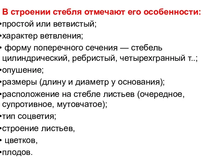 В строении стебля отмечают его особенности: простой или ветвистый; характер