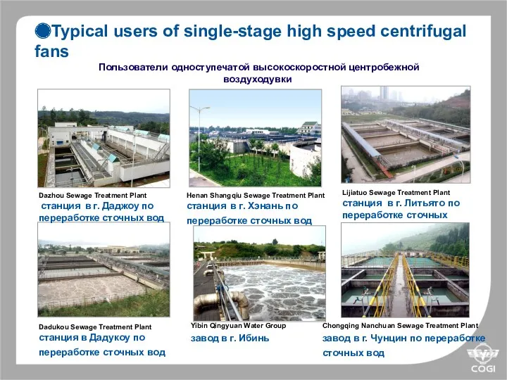 ●Typical users of single-stage high speed centrifugal fans Пользователи одноступечатой высокоскоростной центробежной воздуходувки