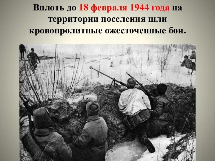 Вплоть до 18 февраля 1944 года на территории поселения шли кровопролитные ожесточенные бои.