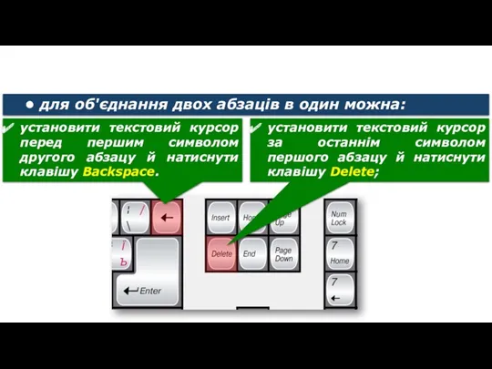 Редагування тексту • для об'єднання двох абзаців в один можна: