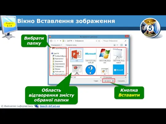 Вікно Вставлення зображення Вибрати папку Область відтворення змісту обраної папки Кнопка Вставити Розділ 3 § 14