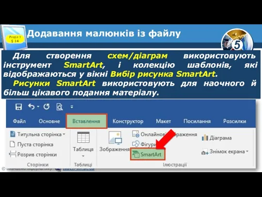 Додавання малюнків із файлу Для створення схем/діаграм використовують інструмент SmartArt,