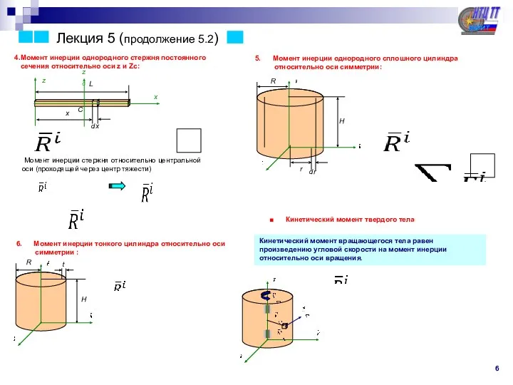 Лекция 5 (продолжение 5.2) 6 Момент инерции однородного стержня постоянного