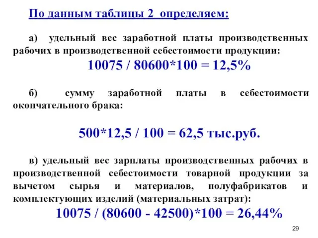 По данным таблицы 2 определяем: а) удельный вес заработной платы