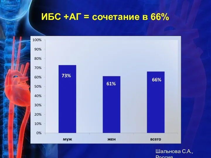 ИБС +АГ = сочетание в 66% Шальнова С.А., Россия