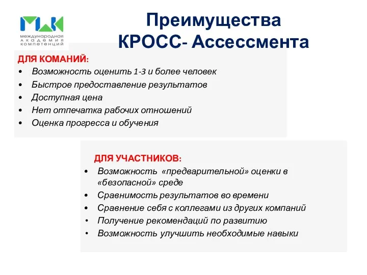 ДЛЯ КОМАНИЙ: Возможность оценить 1-3 и более человек Быстрое предоставление