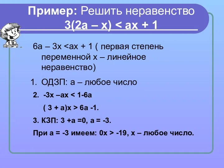 Пример: Решить неравенство 3(2а – х) 6а – 3х ОДЗП: