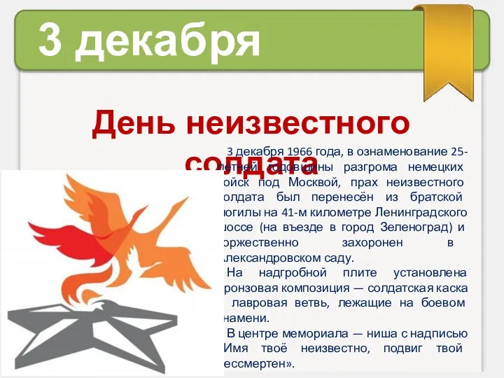 3 декабря День неизвестного солдата 3 декабря 1966 года, в
