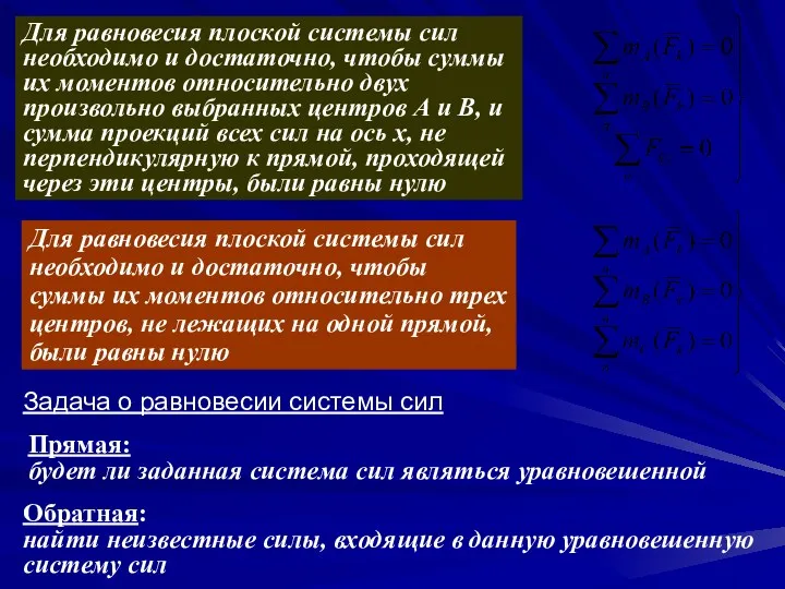 Для равновесия плоской системы сил необходимо и достаточно, чтобы суммы их моментов относительно