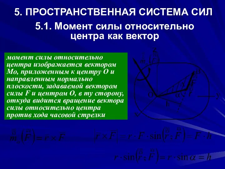 5. ПРОСТРАНСТВЕННАЯ СИСТЕМА СИЛ 5.1. Момент силы относительно центра как вектор момент силы