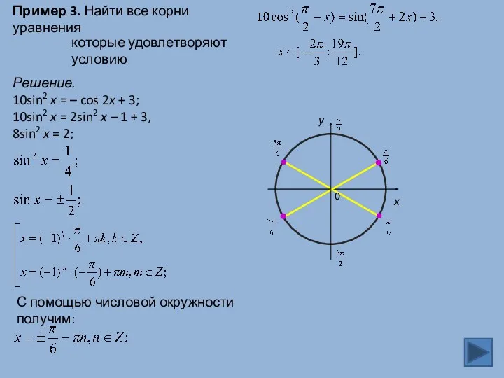 Пример 3. Найти все корни уравнения которые удовлетворяют условию Решение. 10sin2 x =