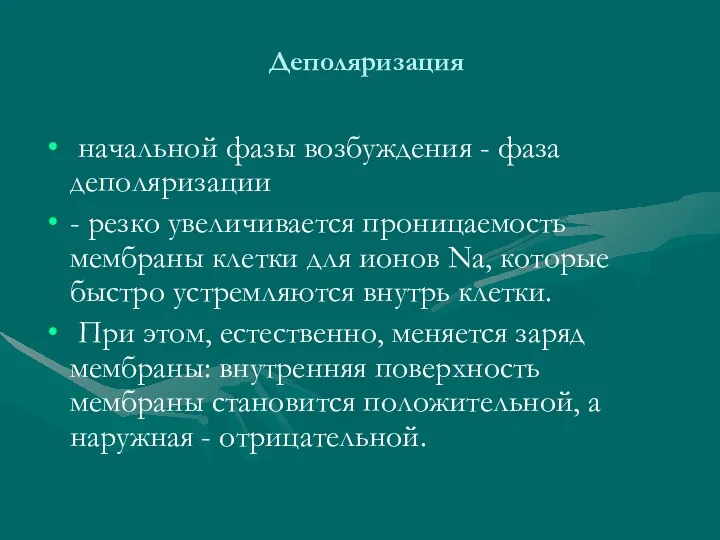 Деполяризация начальной фазы возбуждения - фаза деполяризации - резко увеличивается